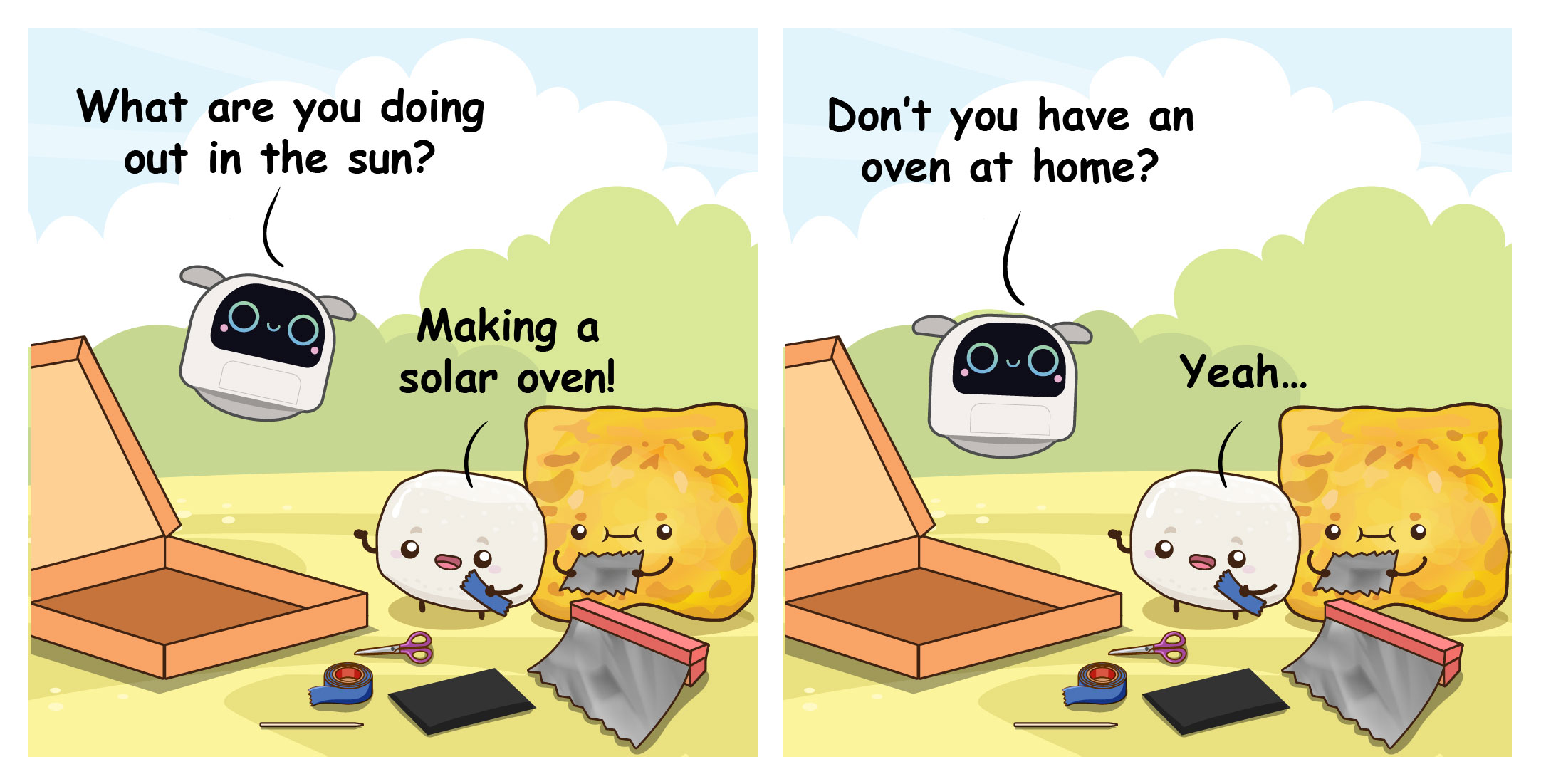 Two-panel comic where Poodle questions Bouncy and Flip as they build a DIY solar oven out of a pizza box outdoors.